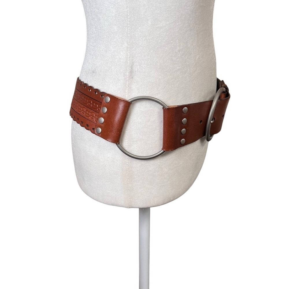 Brown Tooled Leather Wide Statement Belt Rings Boho Waist Festival Women’s Sz S - Picture 5 of 11